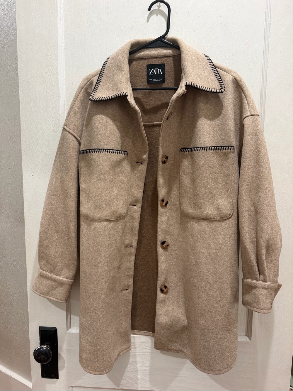 ZARA Beige Wool-Blend Shirt Jacket with Contrast Stitch